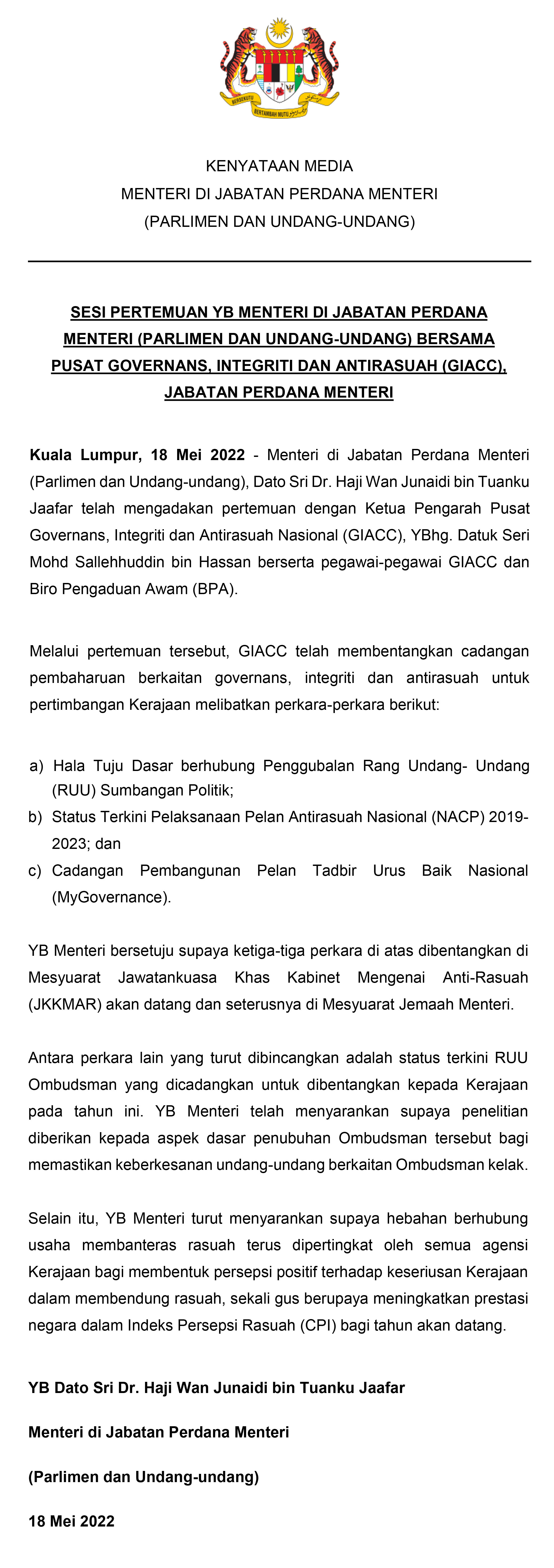 18 MEI PRESS STATEMENT