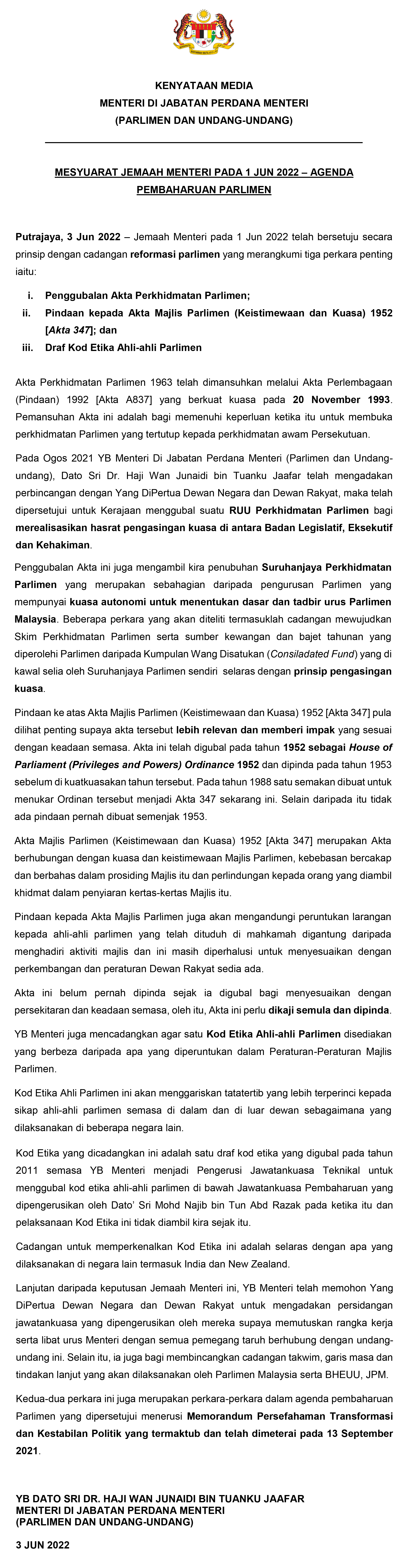 3 JUN 2022   KENYATAAN MEDIA MESYUARAT JEMAAH MENTERI