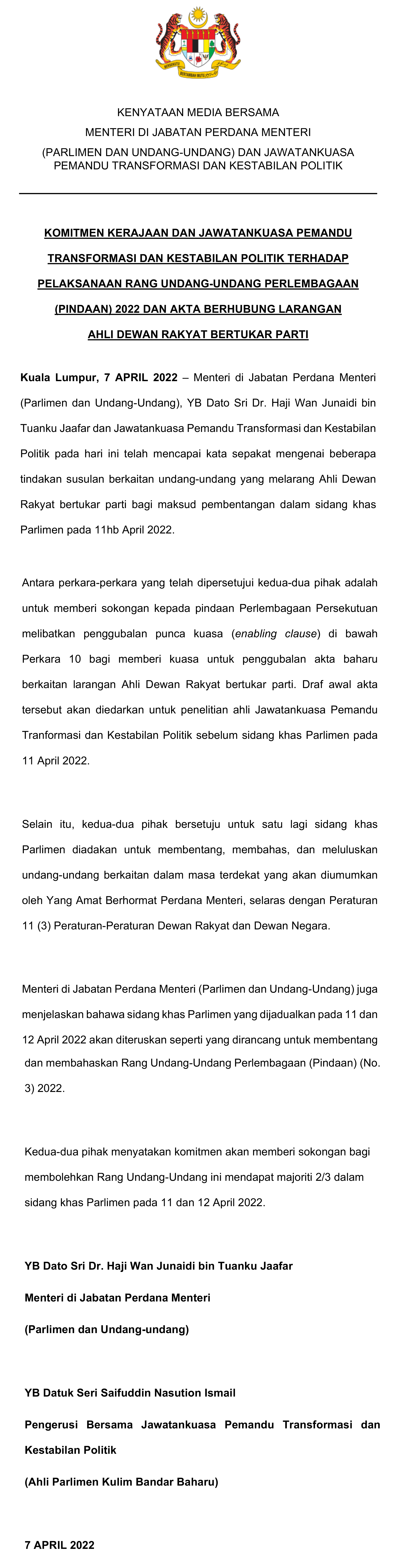 APRIL 7   PRESS STATEMENT 1
