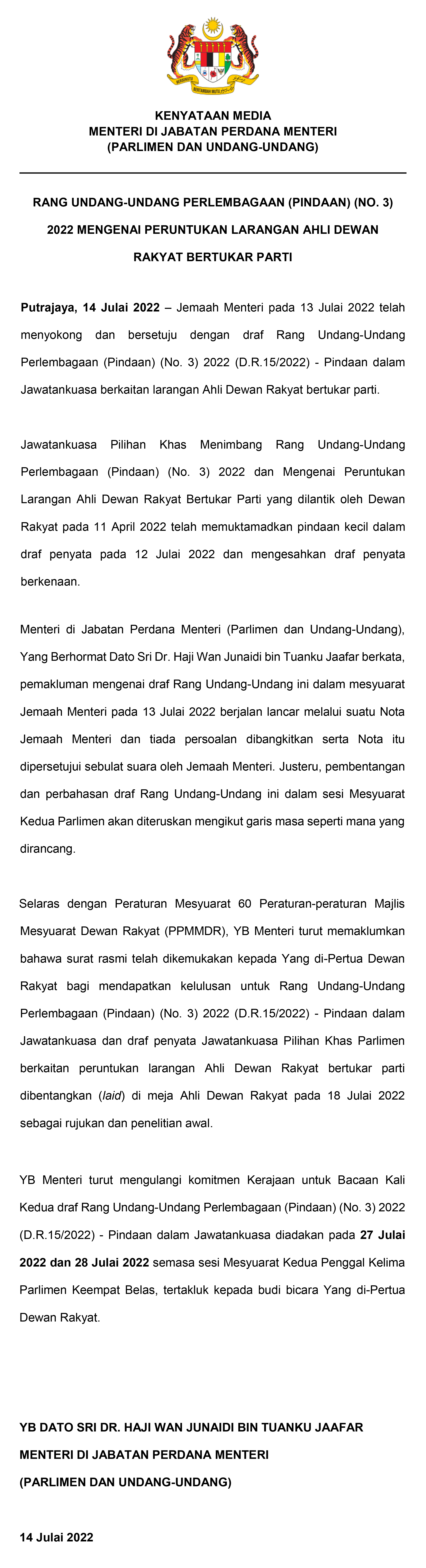 KENYATAAN MEDIA 14 JULAI 2022