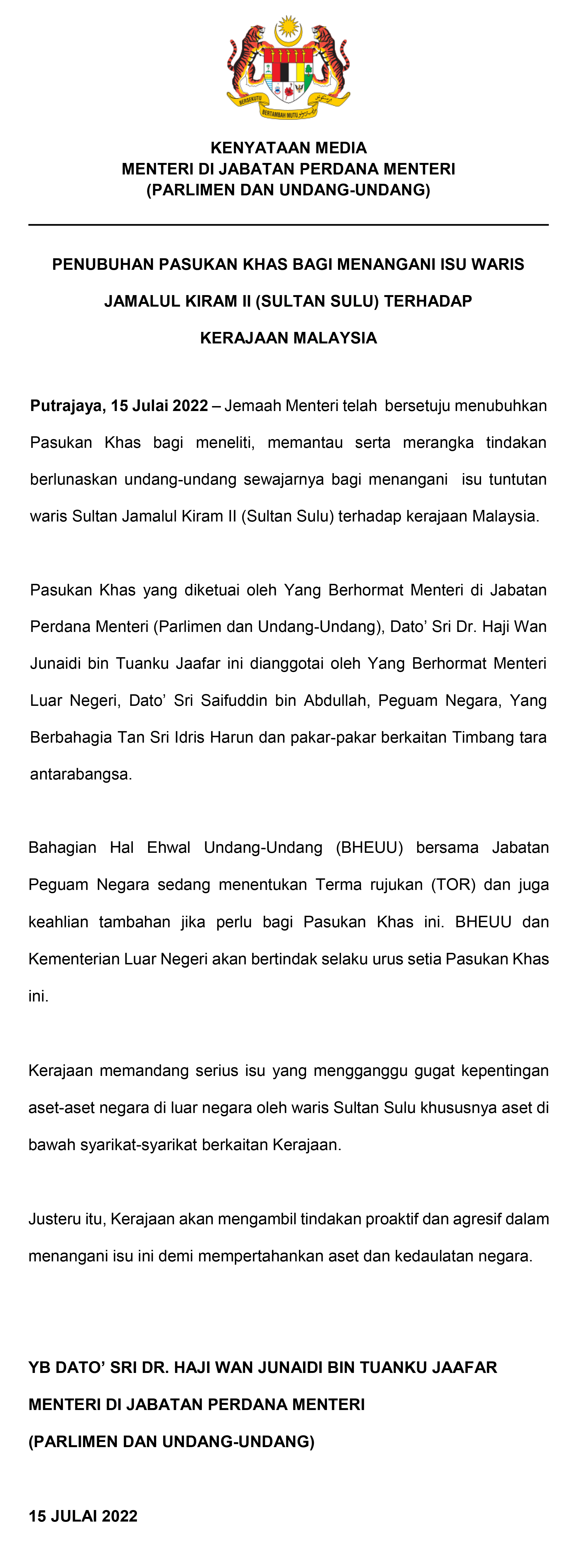 KENYATAAN MEDIA 15 JULAI 2022