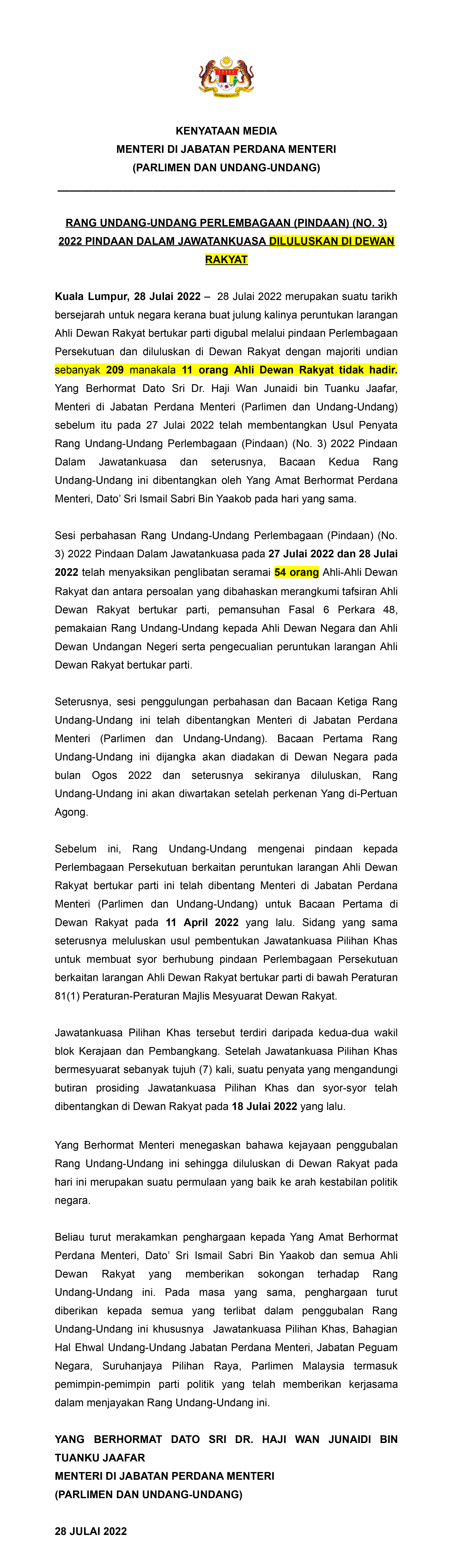 KENYATAAN MEDIA  PERBAHASAN RUU LOMPAT PARTI 28 JULAI 2022 1