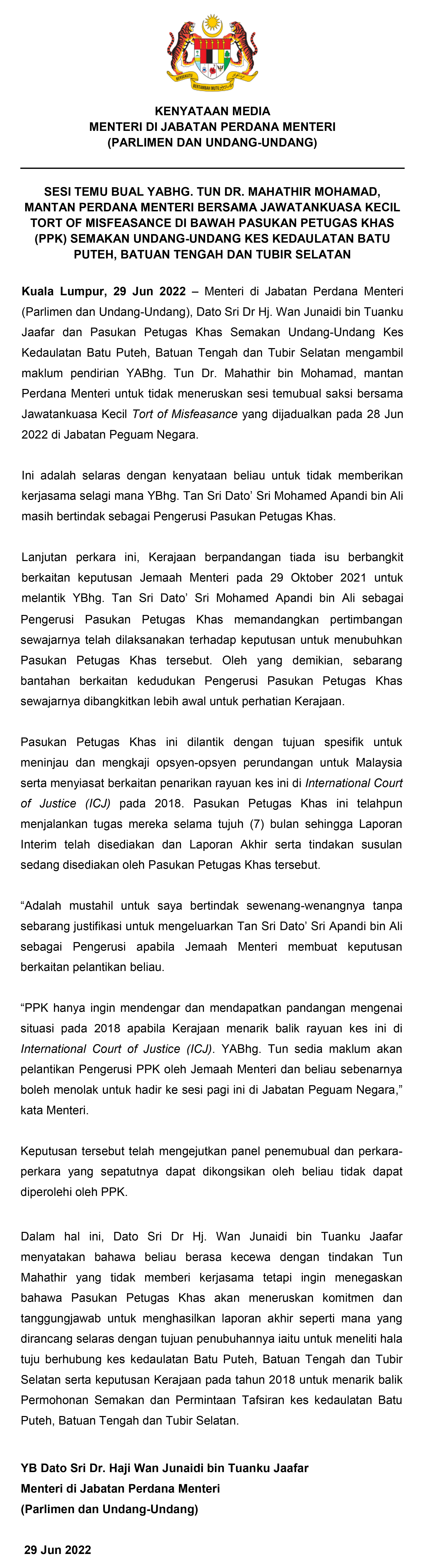 Press Statement PPK Batu Puteh  Tun M