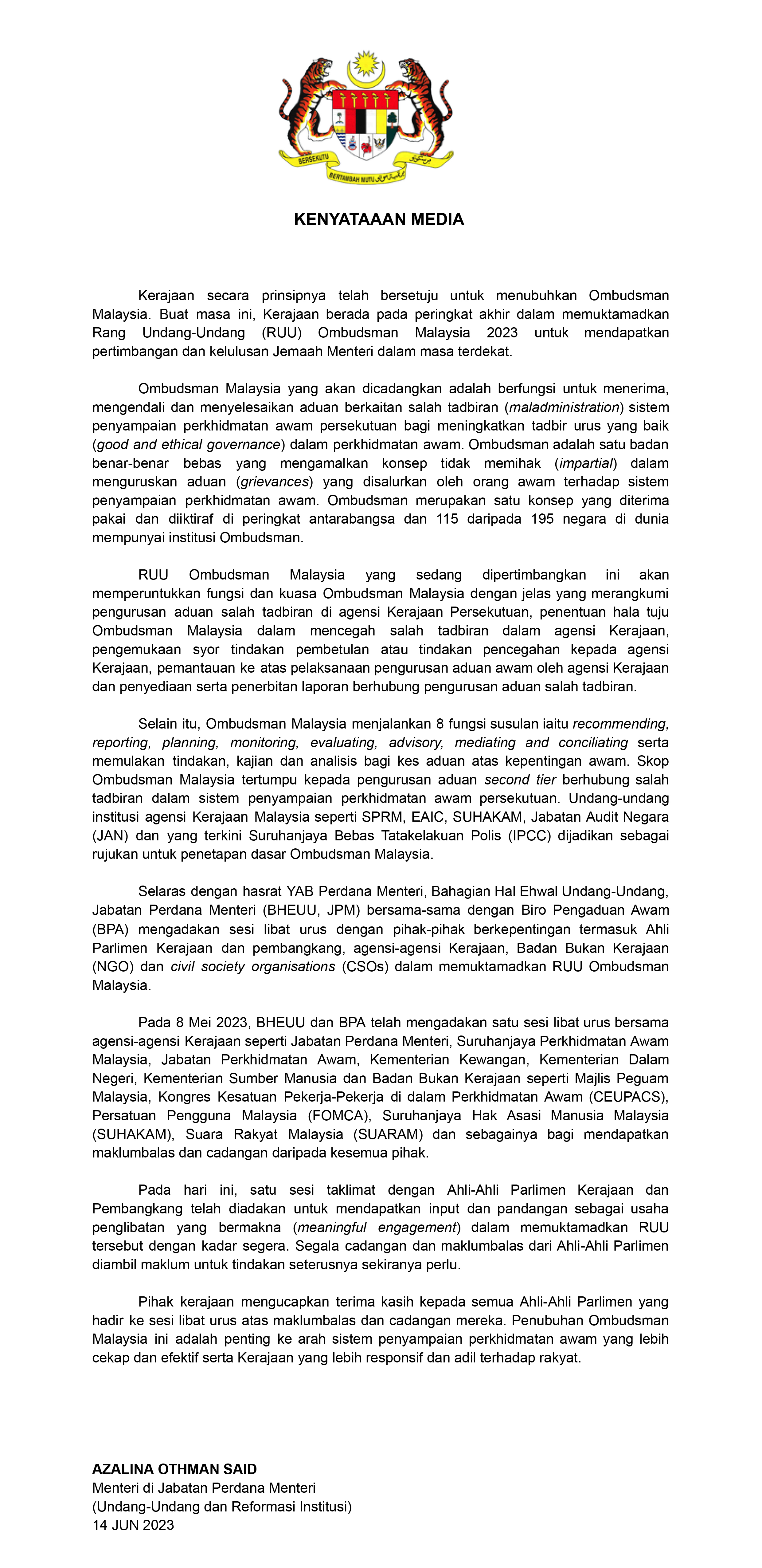 KENYATAAAN MEDIA OMBUDSMAN JUN14