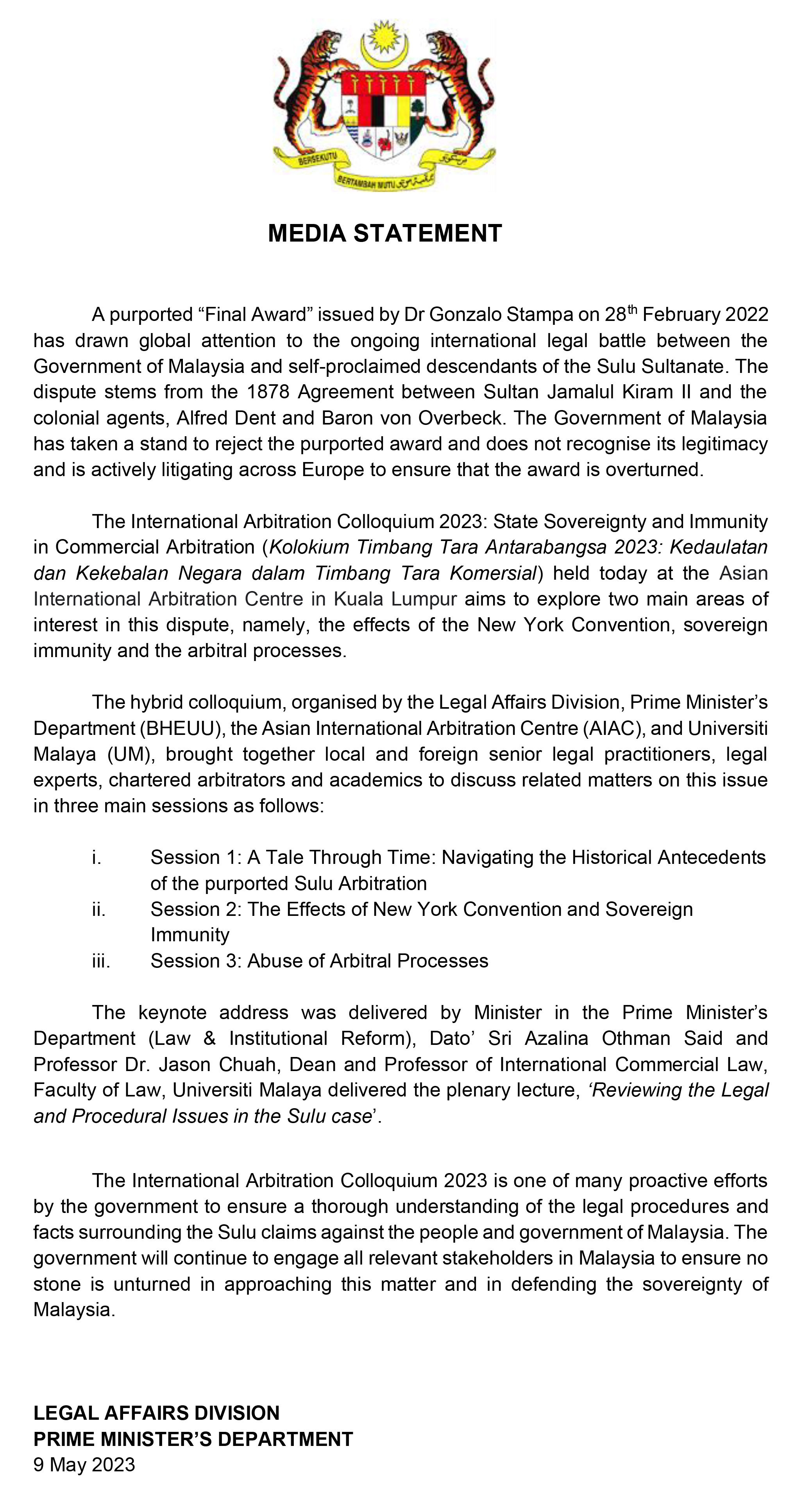 MEDIA STATEMENT Intl Arbitration Colloquium 2023 9 May 2023