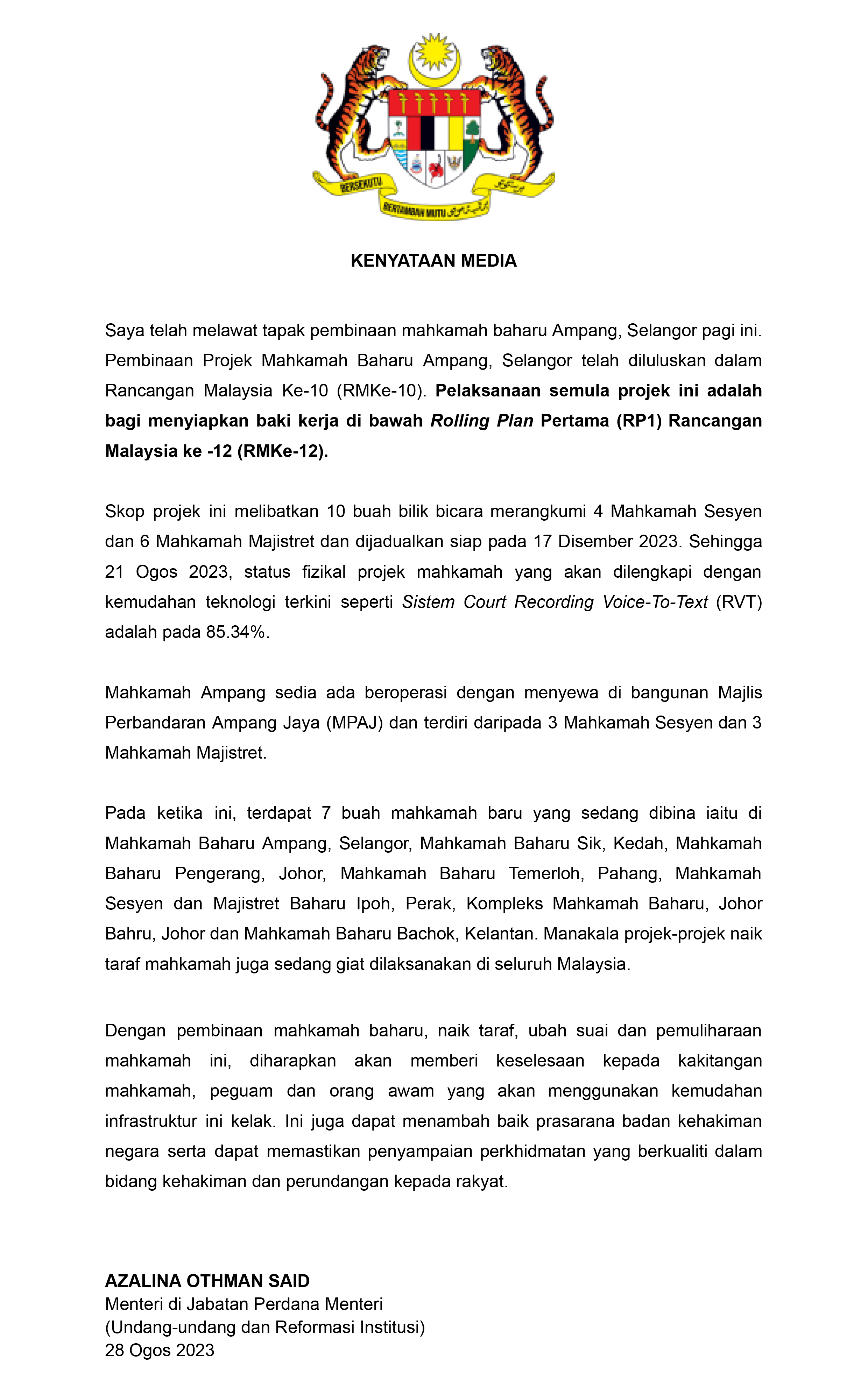 KenyataanMedia PembinaanMahkamahBaruAmpang