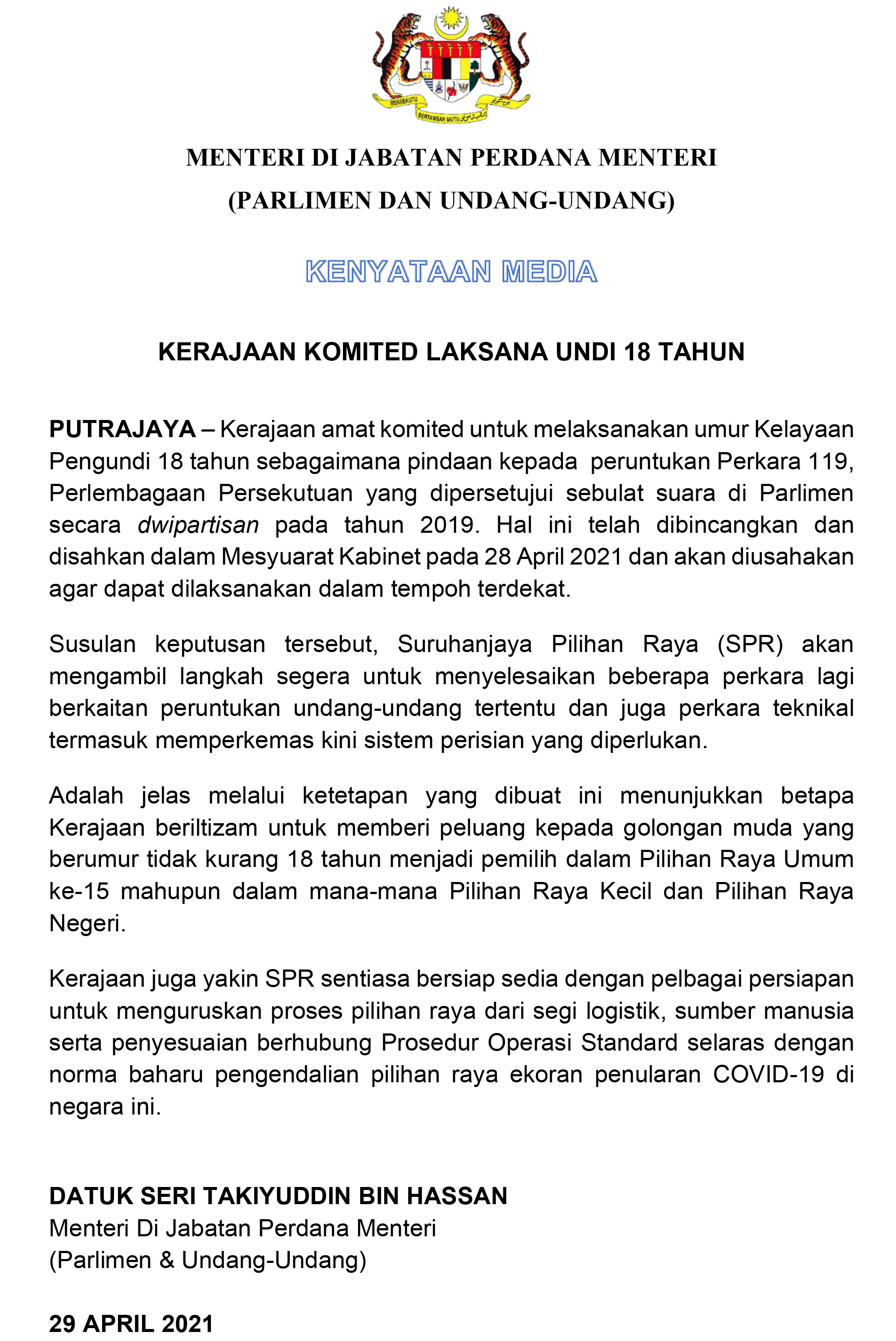 KENYATAAN MEDIA (UNDI 18 TAHUN)