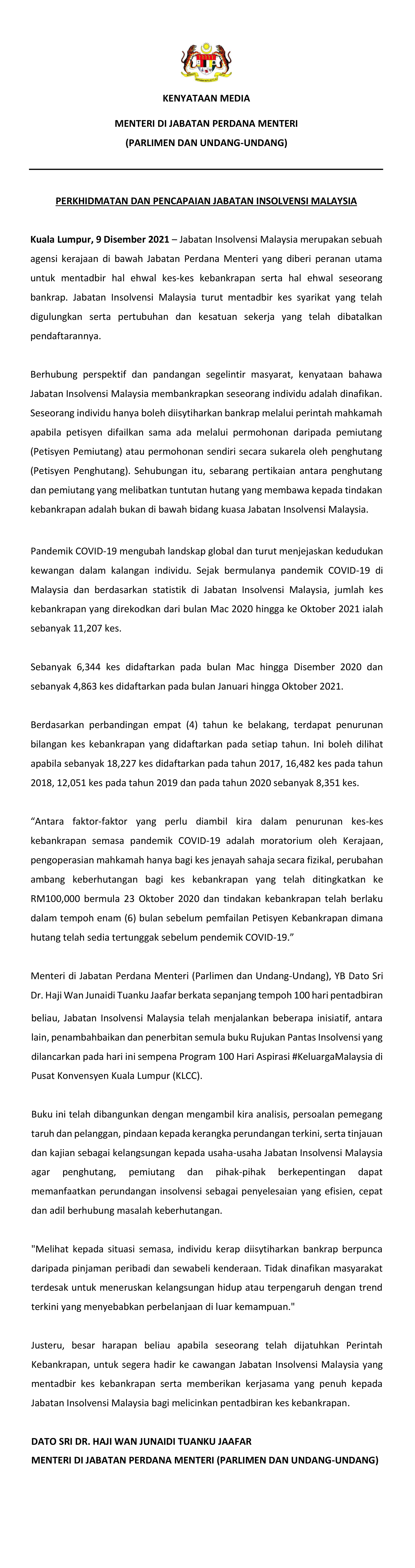 Kenyataan Media Insolvensi   9 Disember 2021
