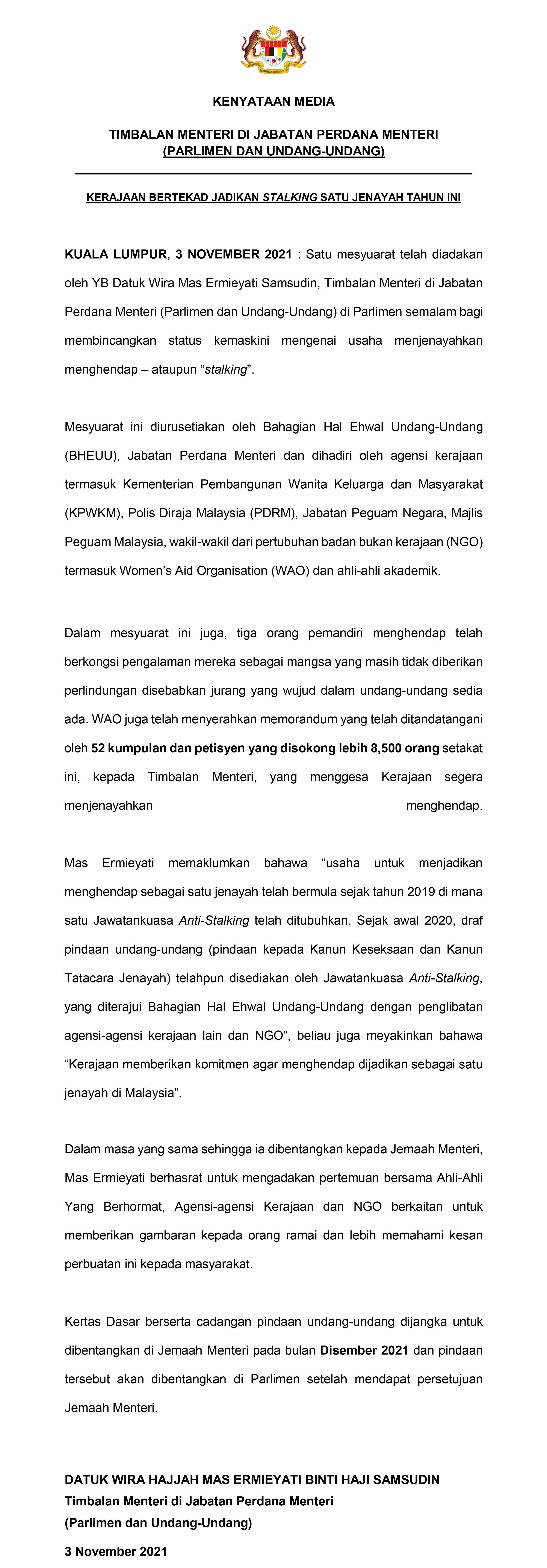Kenyataan Media YBTM 3 November 2021